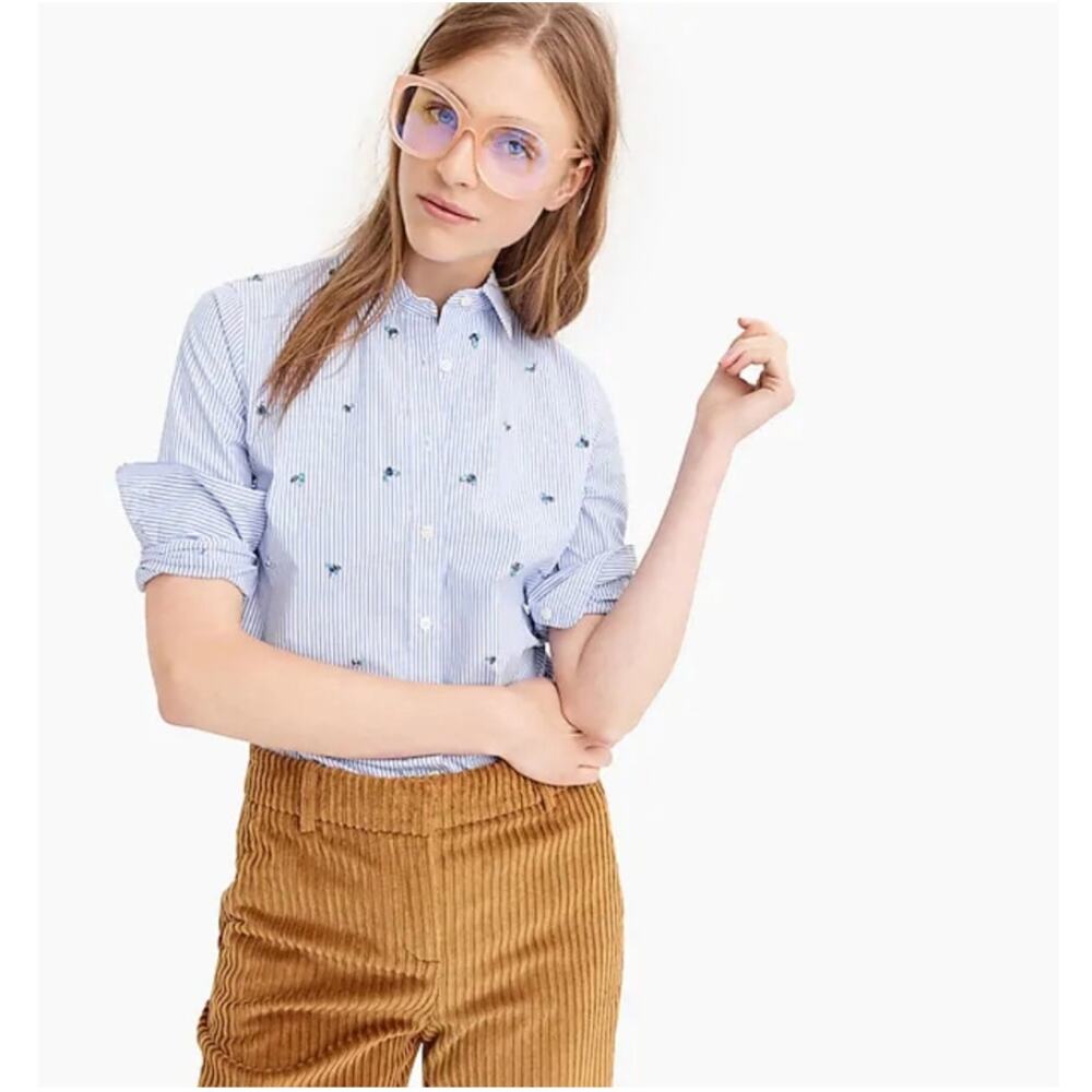 J.Crew Perfect Fit Women's Embellished 100% Cotton Pinstripe Button Up Shirt - 6